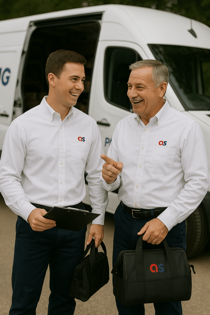 older plumber explaining to younger plumber why plumbing is a good career