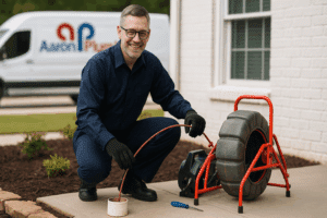 Aaron Plumbing tech performing sewer inspection
