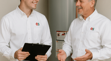 a plumber explaining how to become a plumber to a plumbing apprentice in front of a water heater