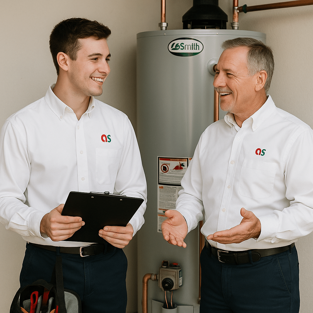 a plumber explaining how to become a plumber to a plumbing apprentice in front of a water heater