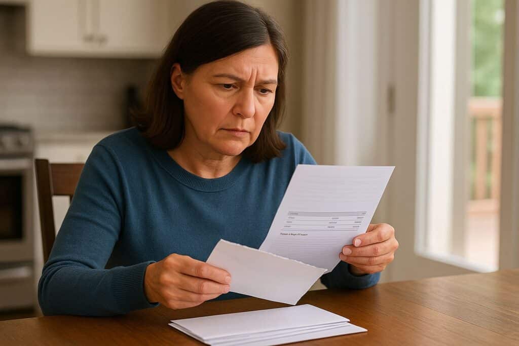 homeowner wonders why is my water bill so high looking at high water bill at kitchen table