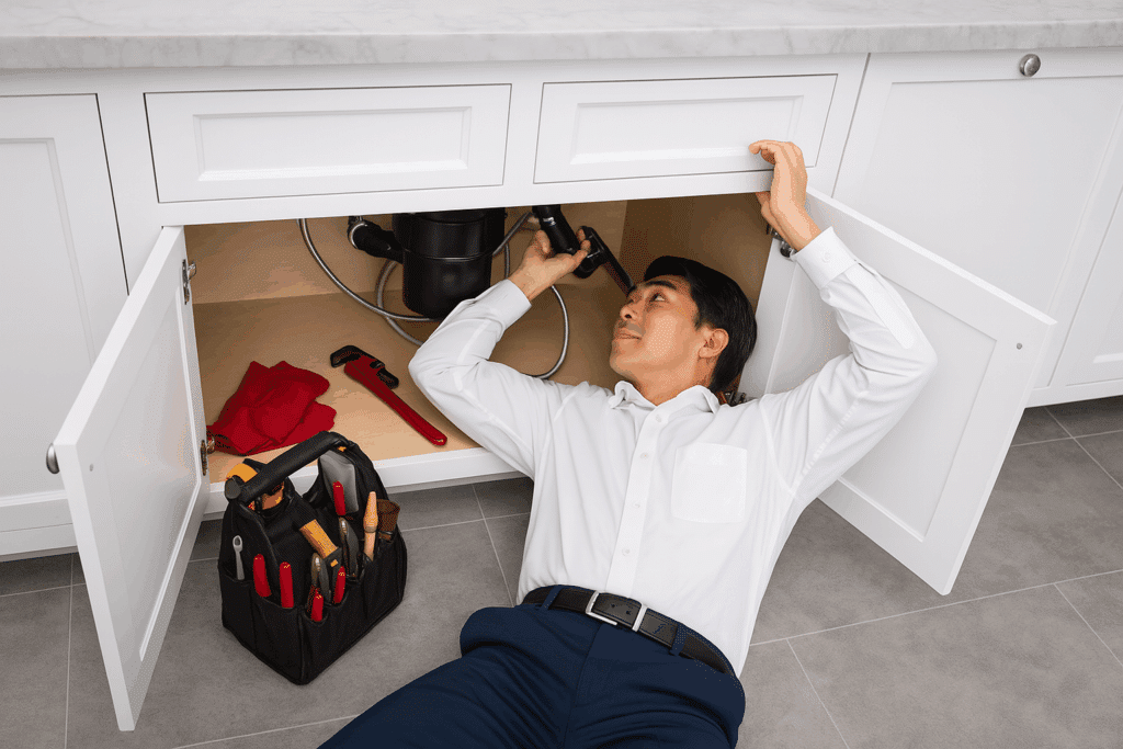 a plumber completing an inspection as part of a plumbing and hvac maintenance plan