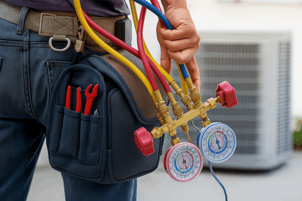 an hvac maintenance plan technician prepares to inspect an a/c
