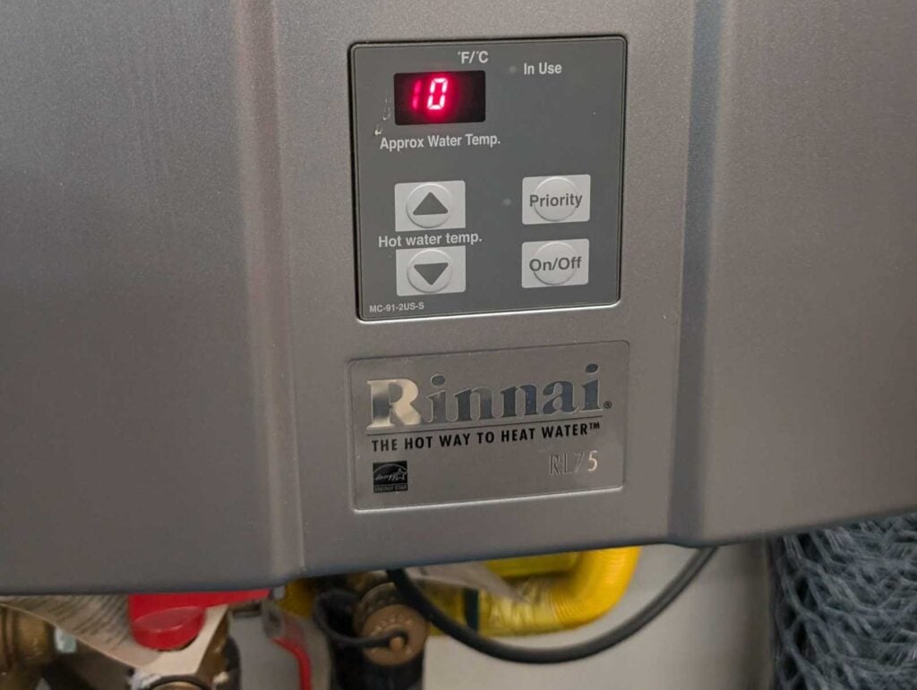 Rinnai Tankless Water Heater displaying 1 of many possible tankless water heater error codes