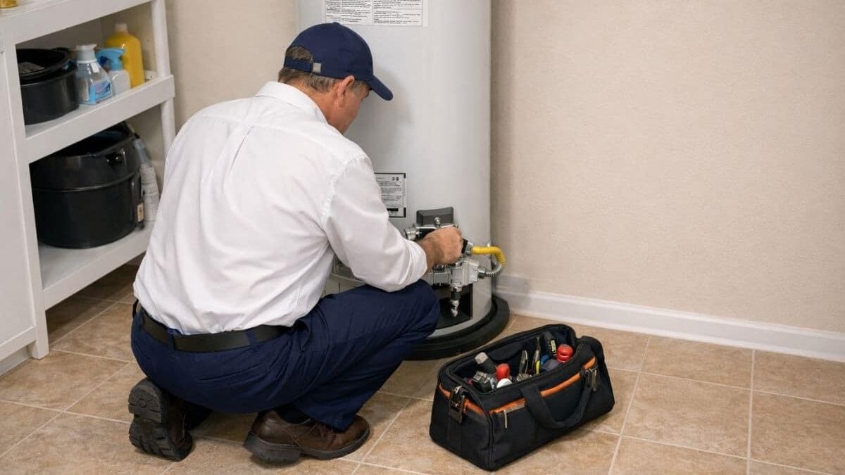 an Aaron Services plumber completes a water heater repair in Alpharetta GA