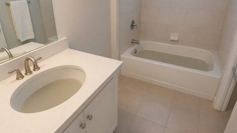 a tub and sink show signs of a clogged main drain