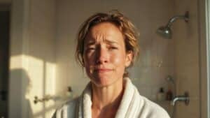 a woman smells that her hot water smells like rotten eggs as she prepares to shower