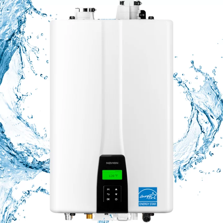 Navien tankless water heater with digital display and Energy Star label