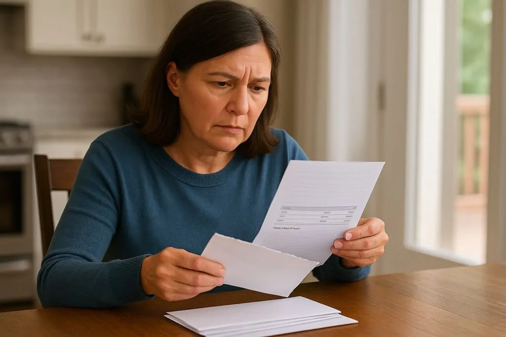 homeowner wonders why is my water bill so high looking at high water bill at kitchen table